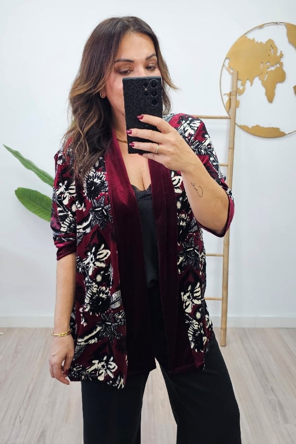 Kimono Terciopelo Estampado Burdeos