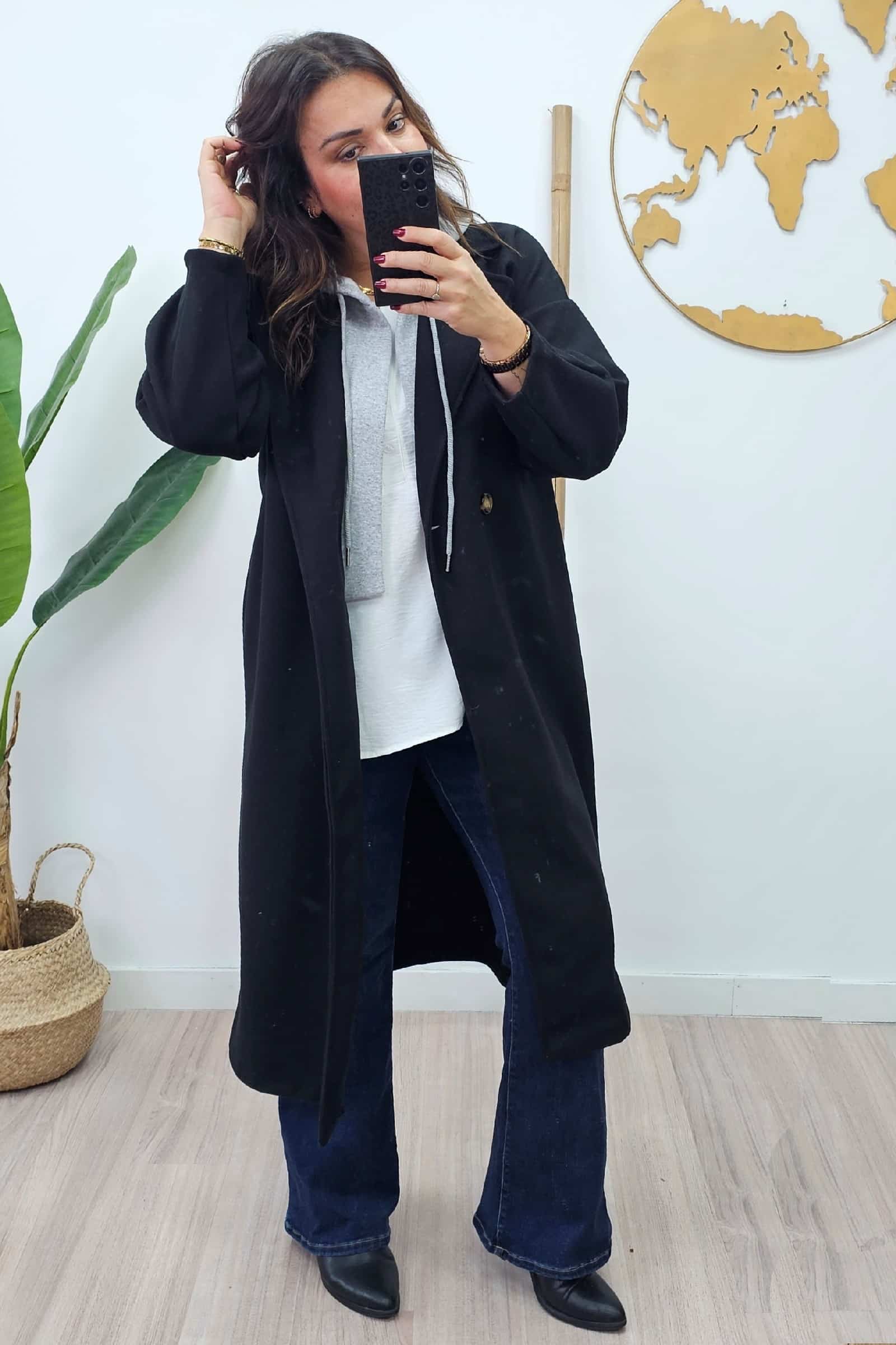 Abrigo Largo Capucha Negro